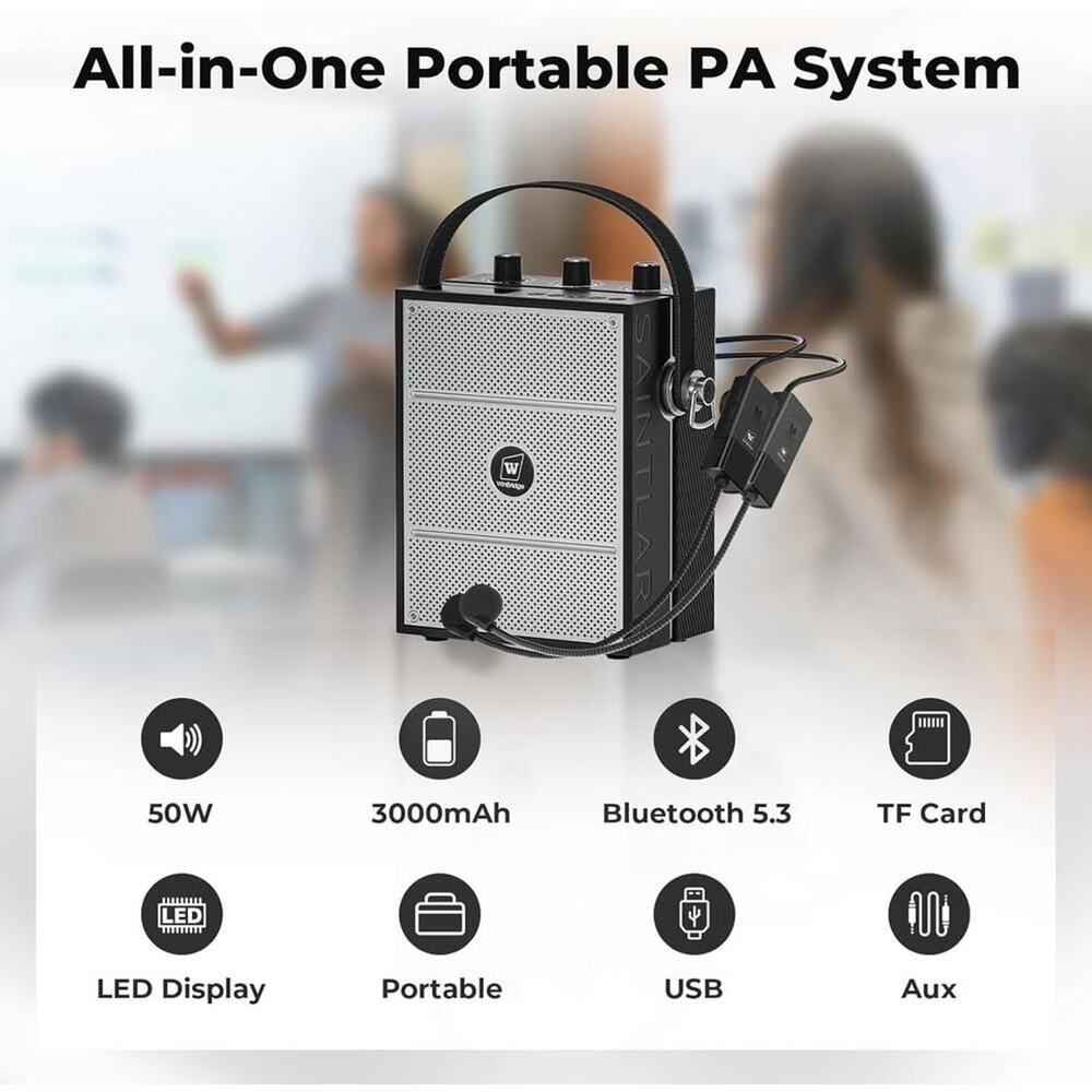 50W Voice Amplifier with 2 Headset Microphones, Bluetooth Speaker Megaphone